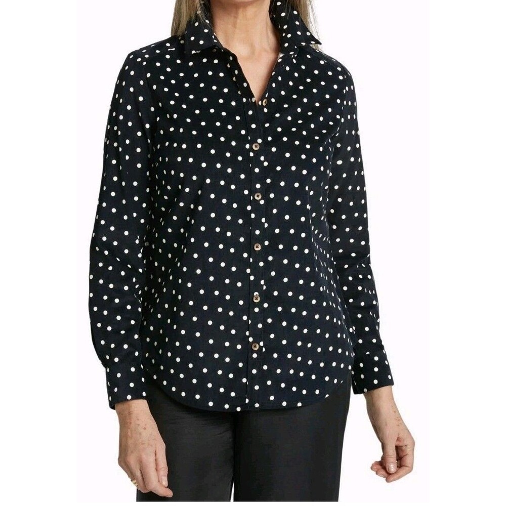 Foxcroft Haven Women's Black Polka Dot Corduroy Button-Up Collared Shirt Size 10